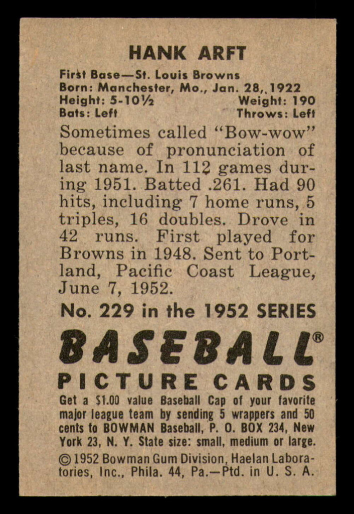 1952 Bowman #229 Hank Arft Excellent+ 