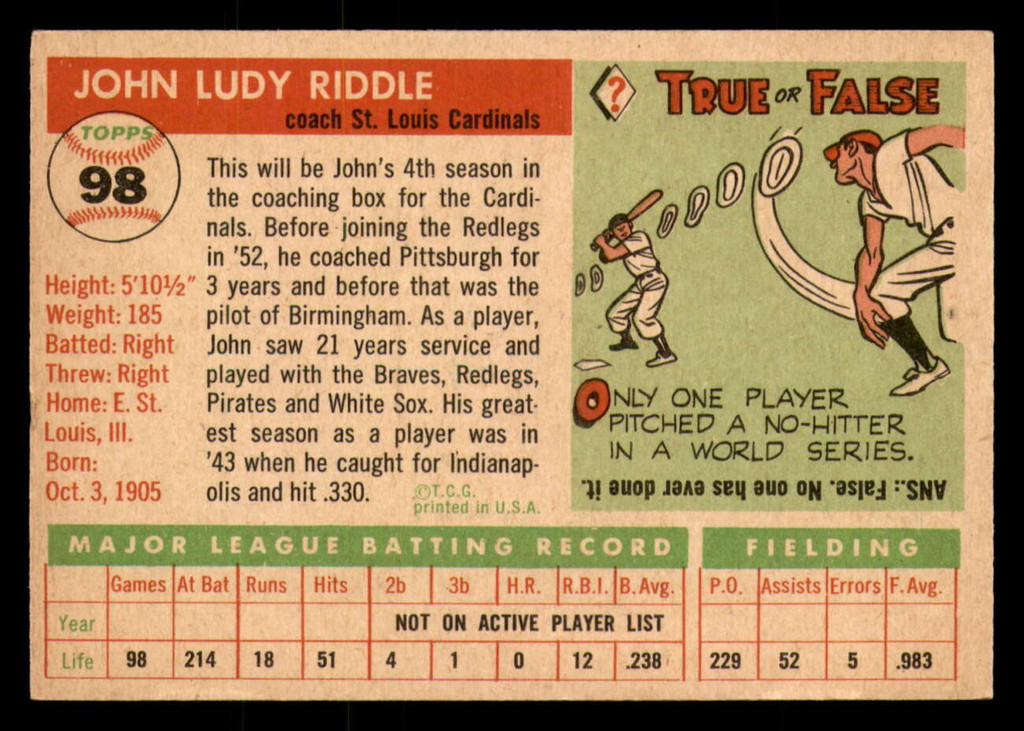 1955 Topps #98 Johnny Riddle CO Excellent+  ID: 393023