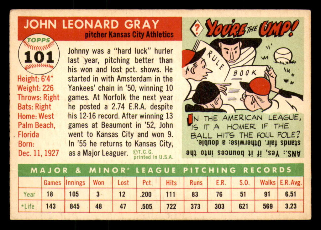 1955 Topps #101 Johnny Gray Excellent+ RC Rookie  ID: 393025