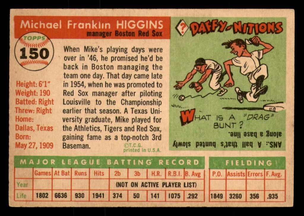 1955 Topps #150 Mike Higgins MG Excellent+  ID: 393036