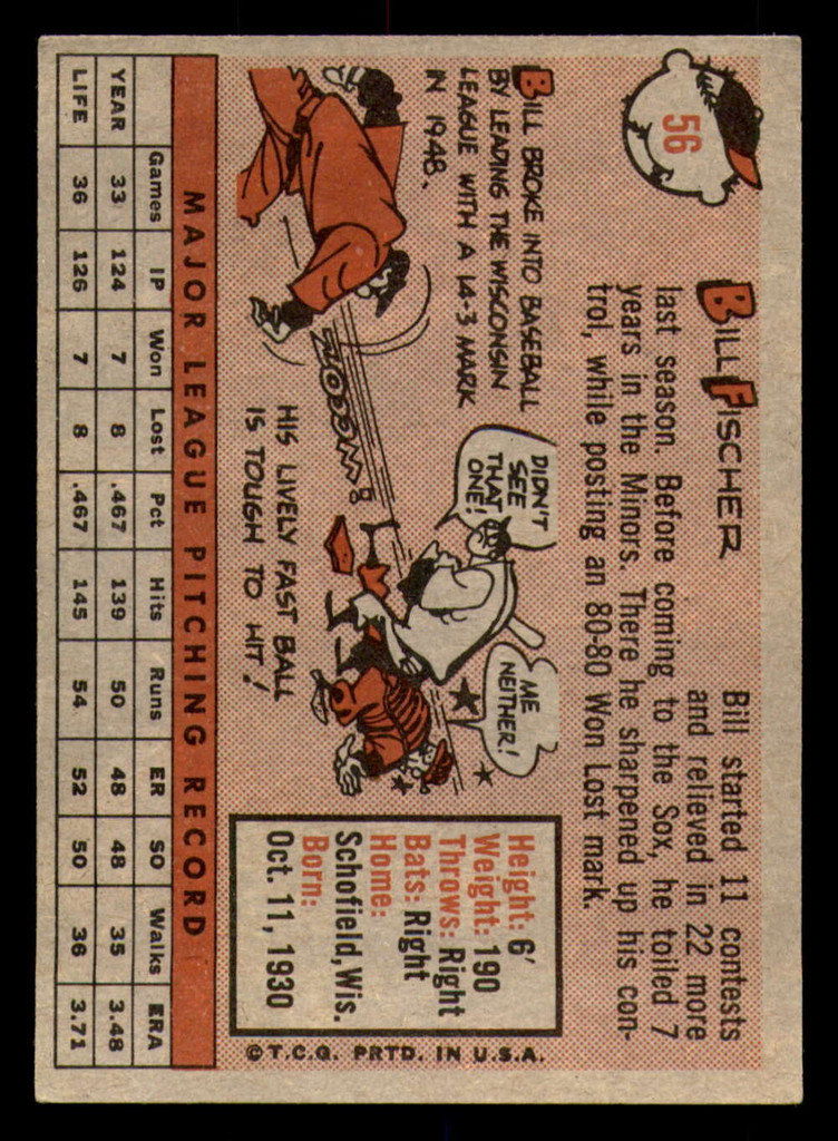 1958 Topps #56 Bill Fischer Excellent+ RC Rookie  ID: 393078