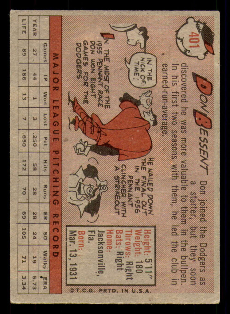 1958 Topps #401 Don Bessent Excellent+  ID: 393289