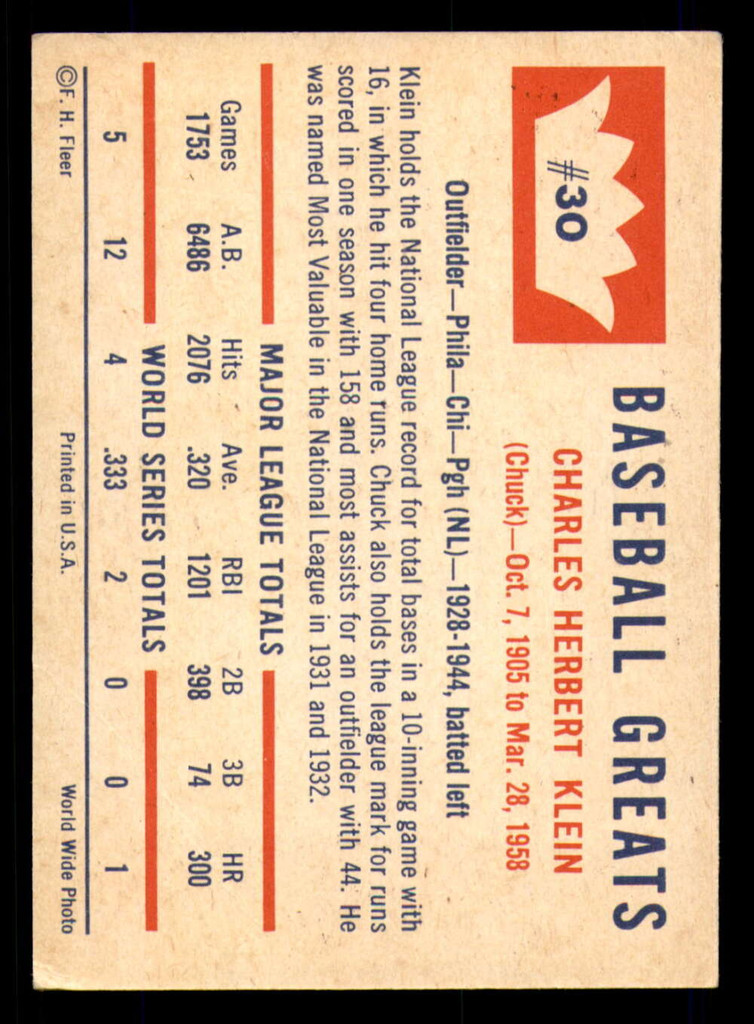 1960 Fleer #30 Chuck Klein VG-EX 