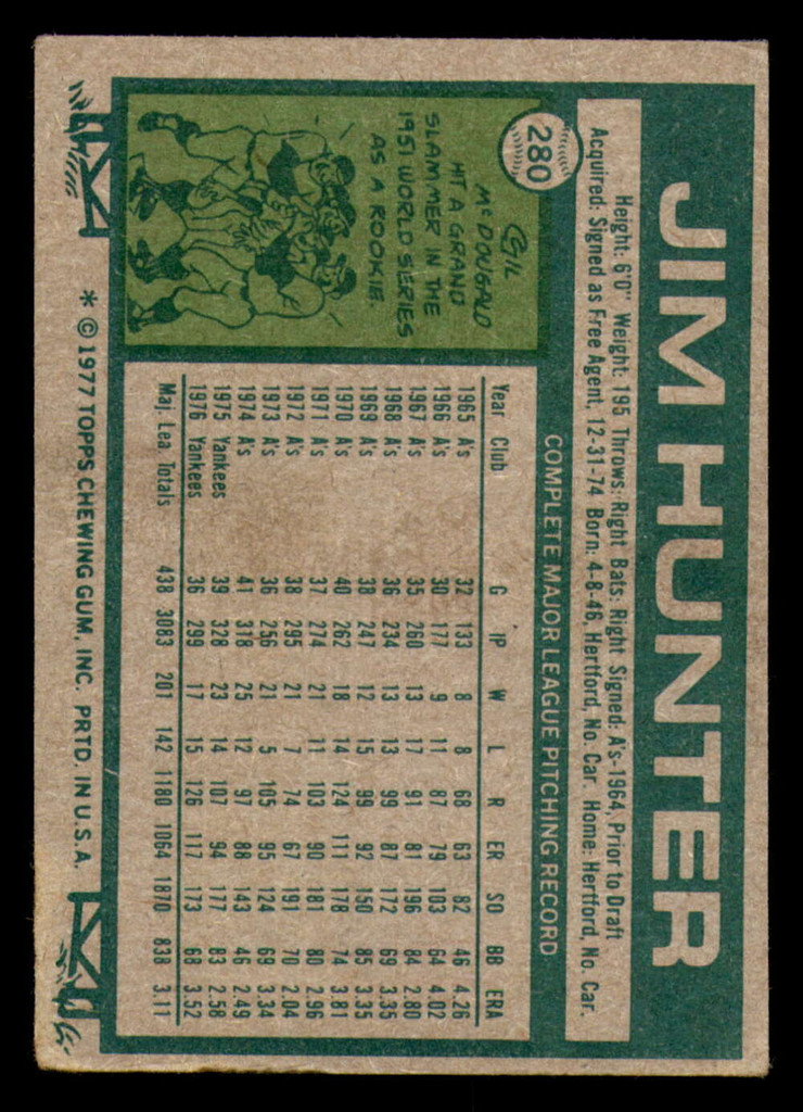 1977 Topps #280 Jim Hunter G-VG 
