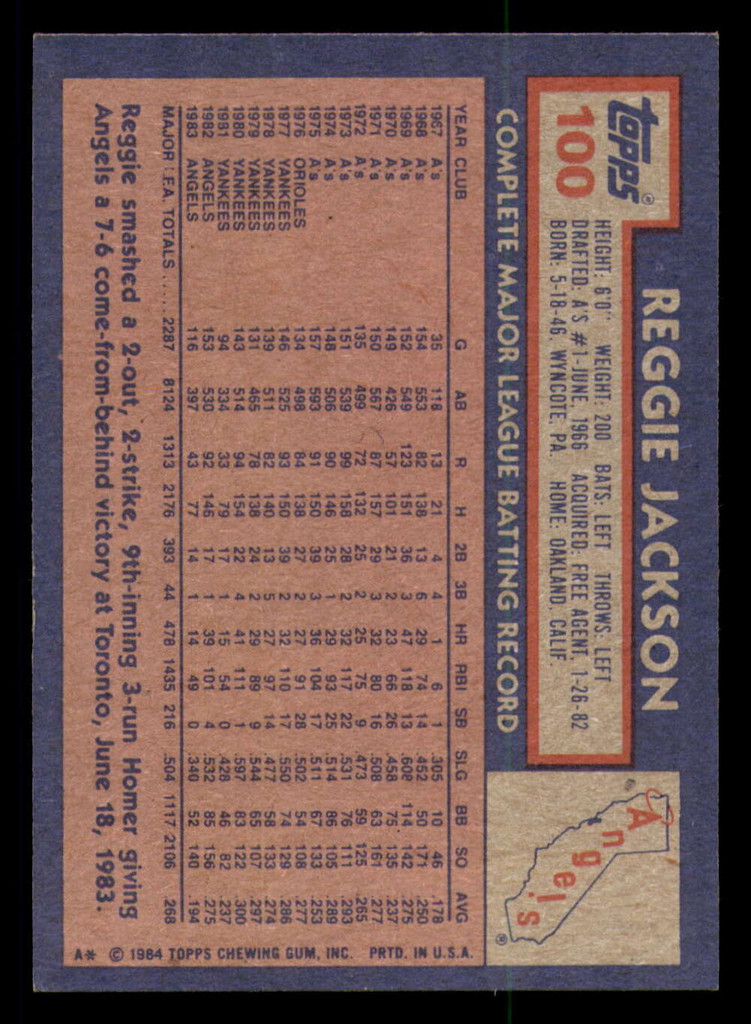 1984 Topps #100 Reggie Jackson Near Mint+  ID: 394051