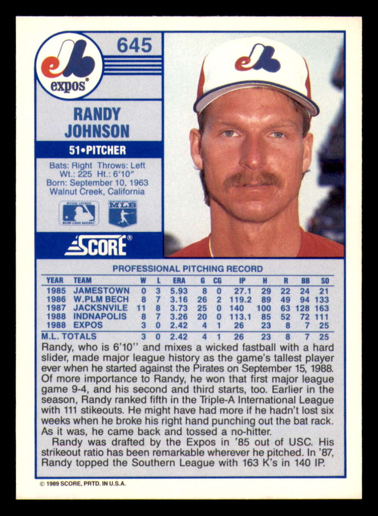 1989 Score #645 Randy Johnson Near Mint+ RC Rookie  ID: 394212