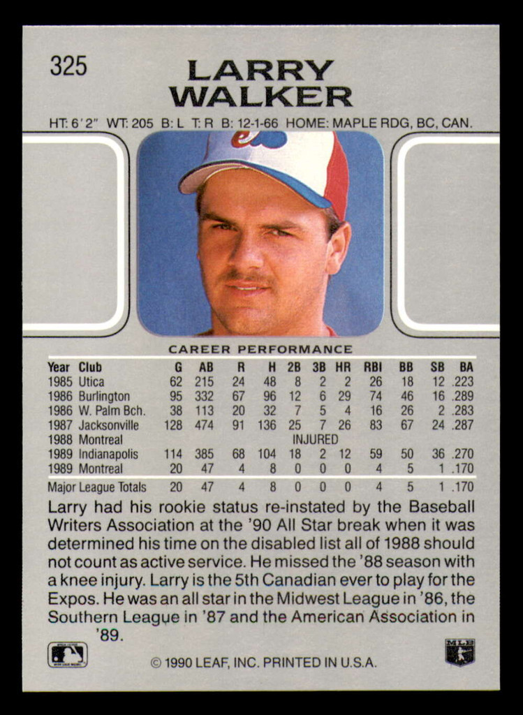 1990 Leaf #325 Larry Walker Near Mint RC Rookie 