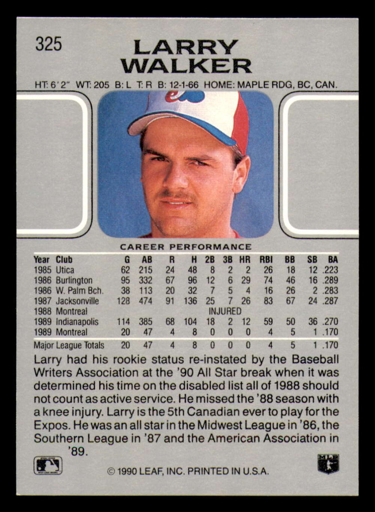 1990 Leaf #325 Larry Walker NM-Mint RC Rookie  ID: 394248