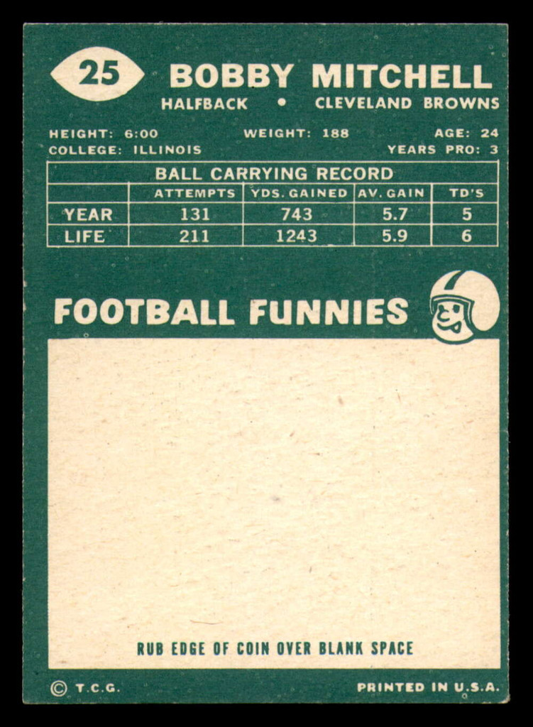 1960 Topps #25 Bobby Mitchell Miscut Browns ID:394518