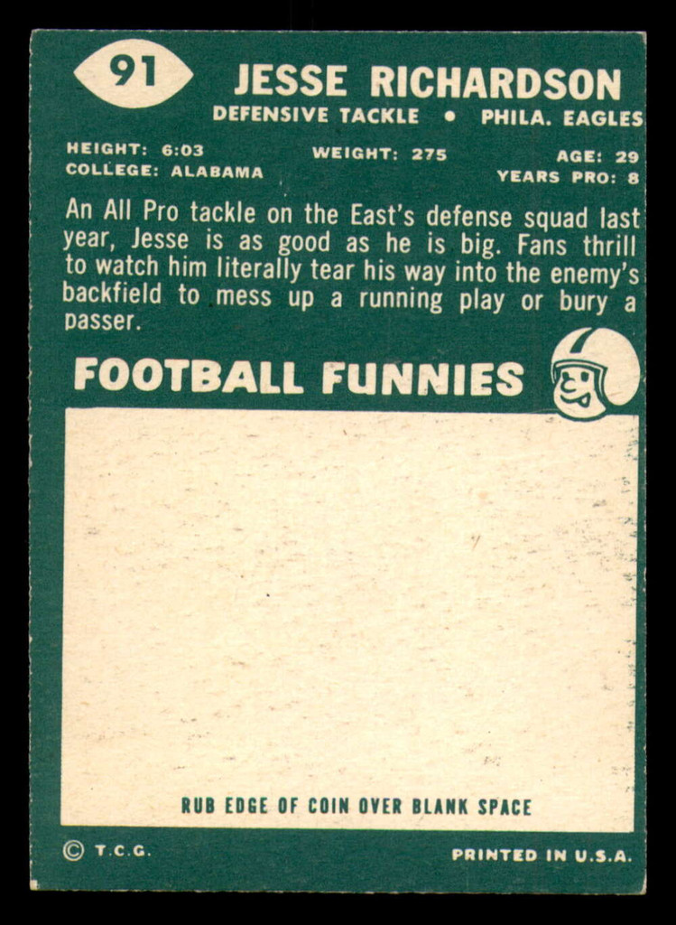 1960 Topps #91 Jesse Richardson Miscut Eagles ID:394580