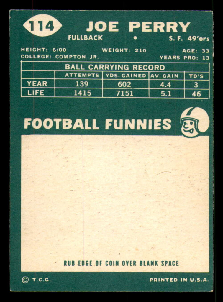 1960 Topps #114 Joe Perry Miscut 49ers ID:394602