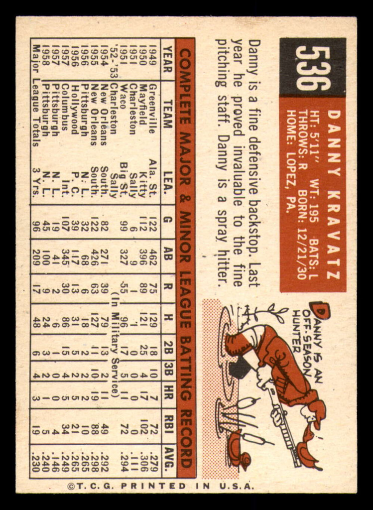 1959 Topps #536 Danny Kravitz Ex-Mint High Number 