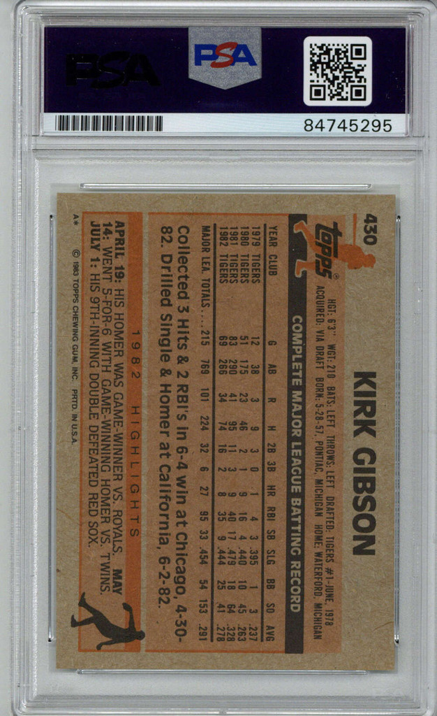 1983 Topps #430 Kirk Gibson Signed Auto PSA/DNA Tigers