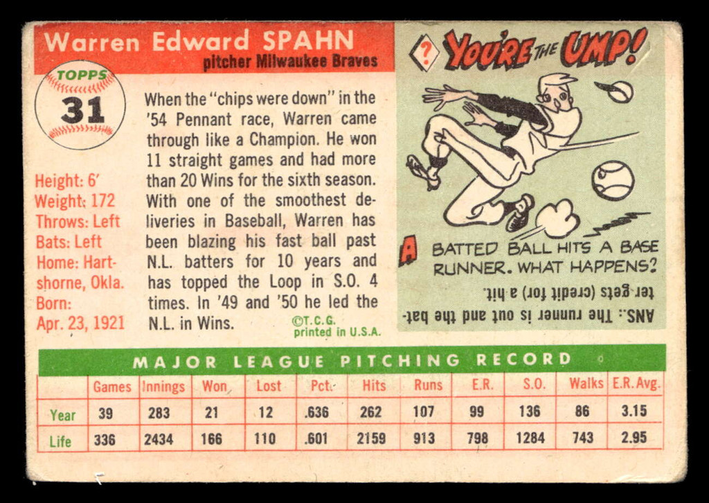 1955 Topps #31 Warren Spahn G-VG  ID: 396324