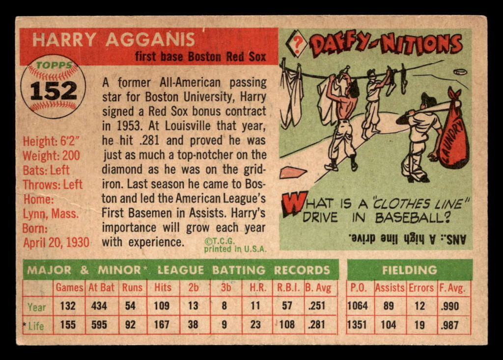 1955 Topps #152 Harry Agganis Very Good RC Rookie  ID: 396325