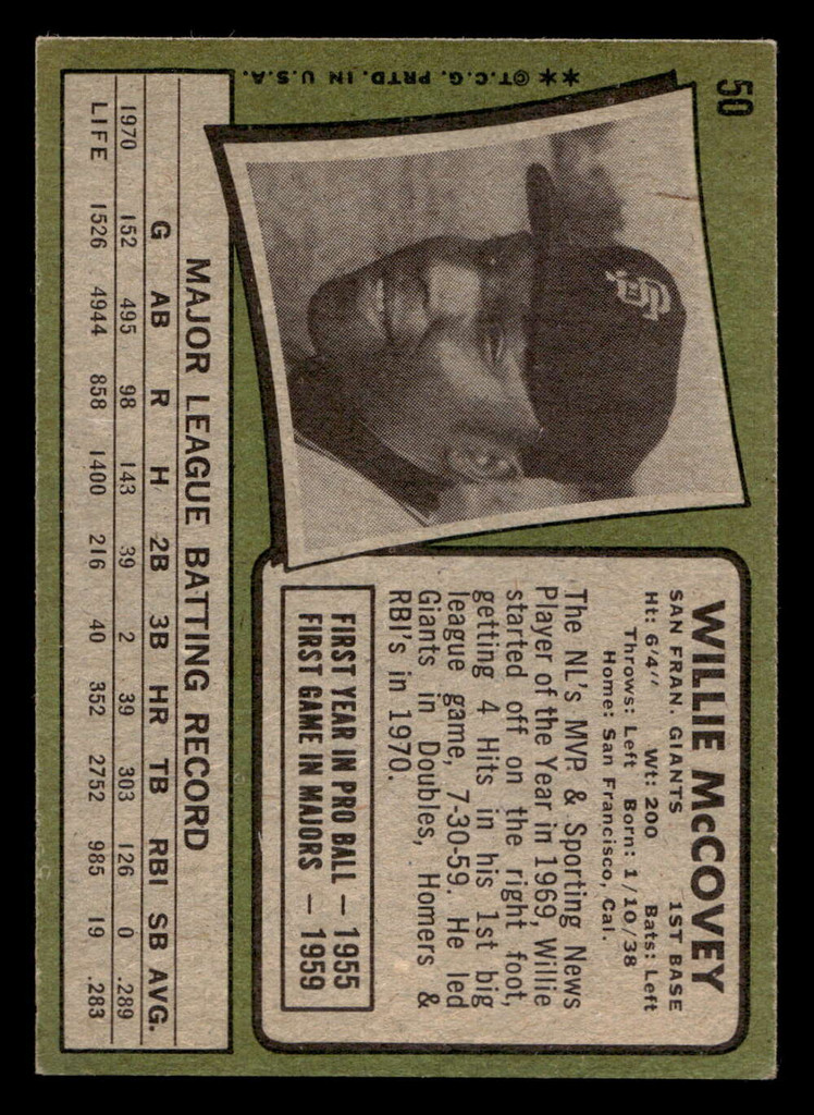 1971 Topps #50 Willie McCovey Excellent+  ID: 396570