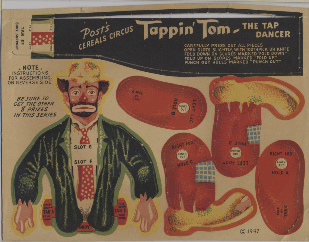 1947 F278-53 Post Cereal Circus Large 7 3/4 by 5 7/8 inches Tappin Tom The Tap Dancer 7 3/4 by 5 7/8 inches ( Coming Apart  #*sku35868