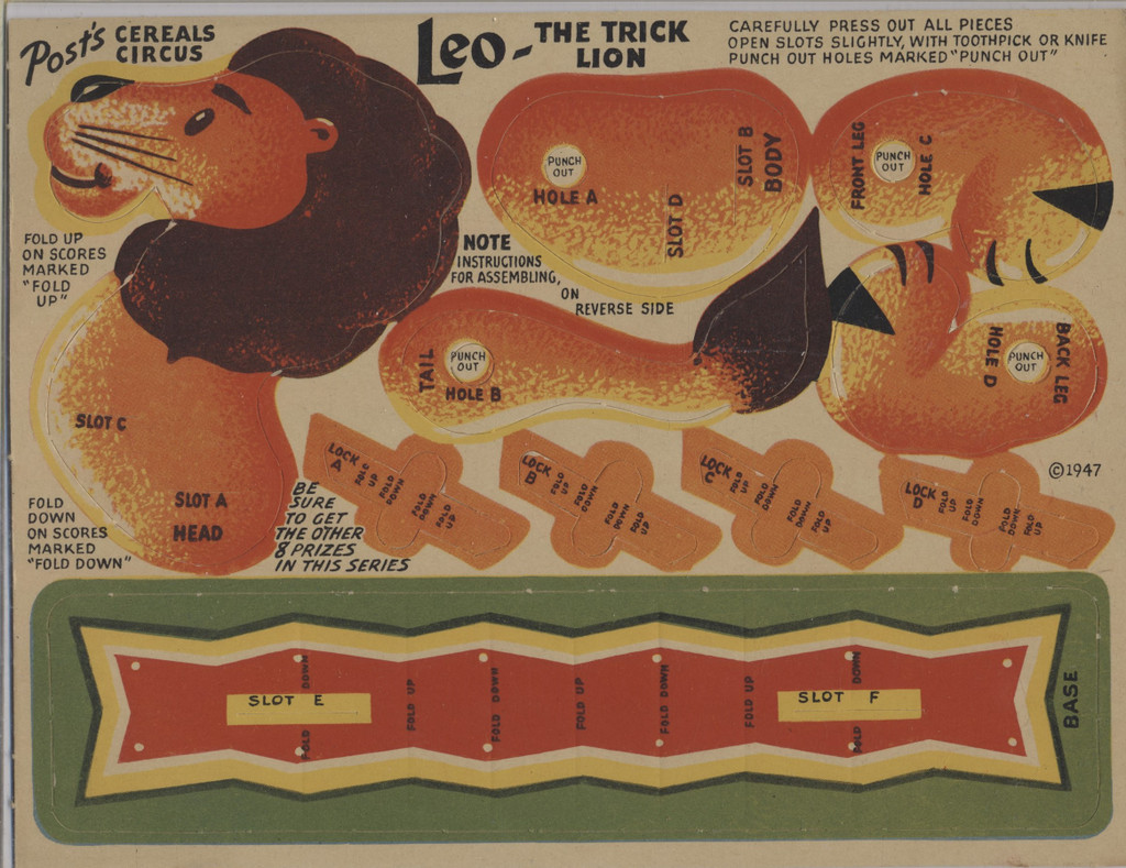 1947 F278-53 Post Cereal Circus Large 7 3/4 by 5 7/8 inches Leo The Trick Lion  #*sku35869