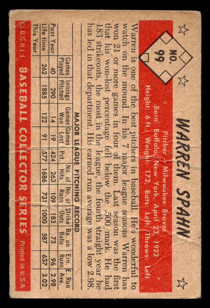 1953 Bowman Color #99 Warren Spahn Poor 