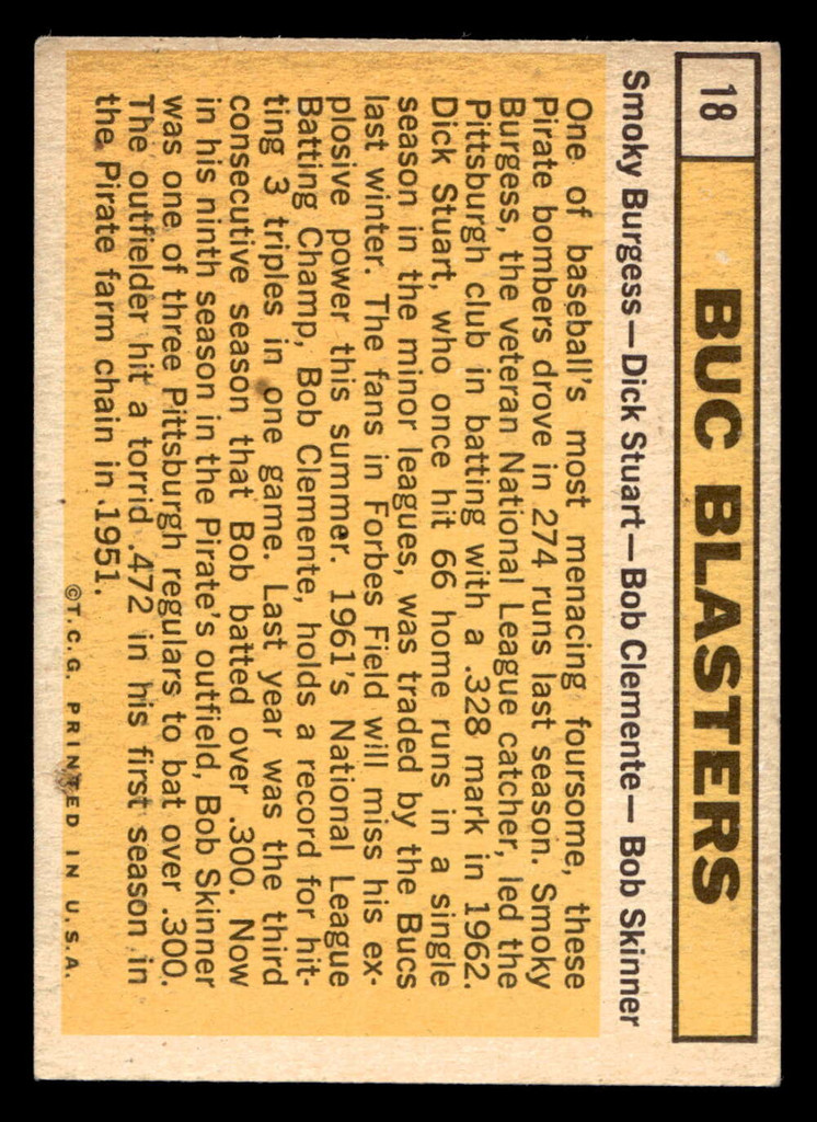 1963 Topps #18 Smoky Burgess/Dick Stuart/Roberto Clemente/Bob Skinner Buc Blasters Excellent  ID: 396894