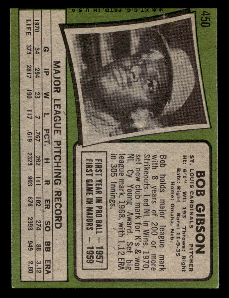 1971 Topps #450 Bob Gibson Ex-Mint  ID: 397076