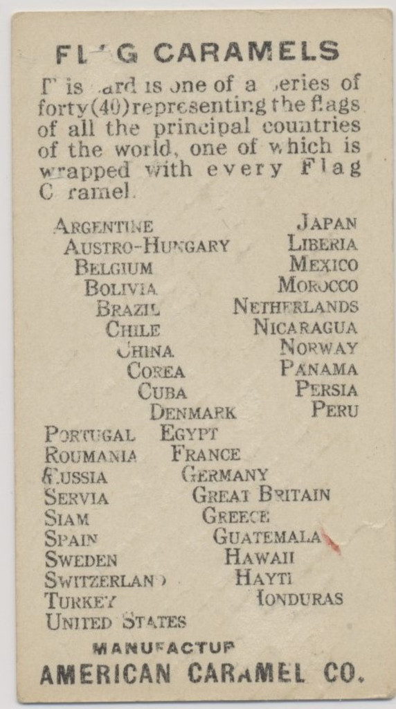 1907/1915  E15 American Caramels Co Flag Caramels Denmark (Paper Loss Back)  #*sku35997