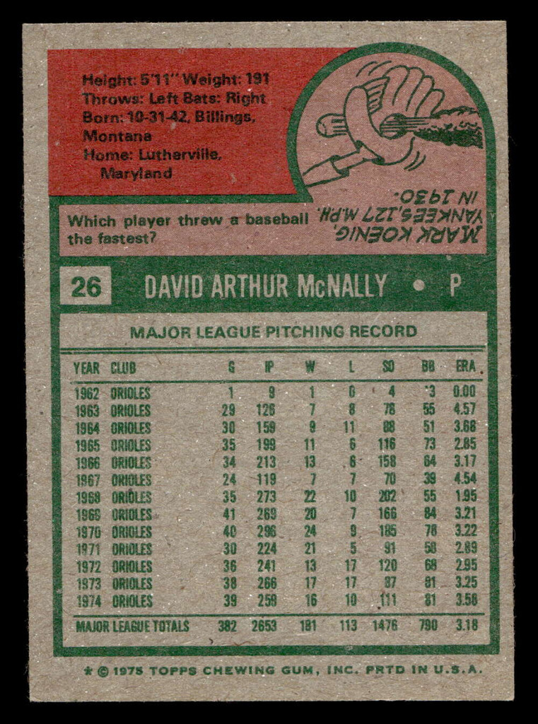 1975 Topps #26 Dave McNally Ex-Mint  ID: 397918