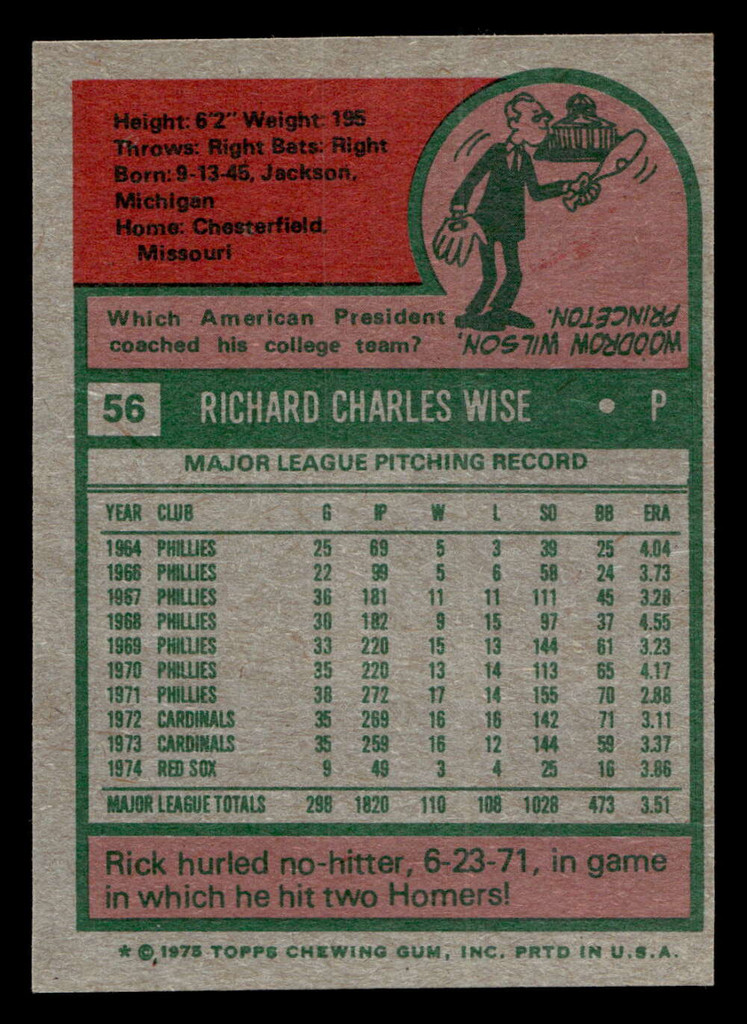 1975 Topps #56 Rick Wise Ex-Mint  ID: 397947