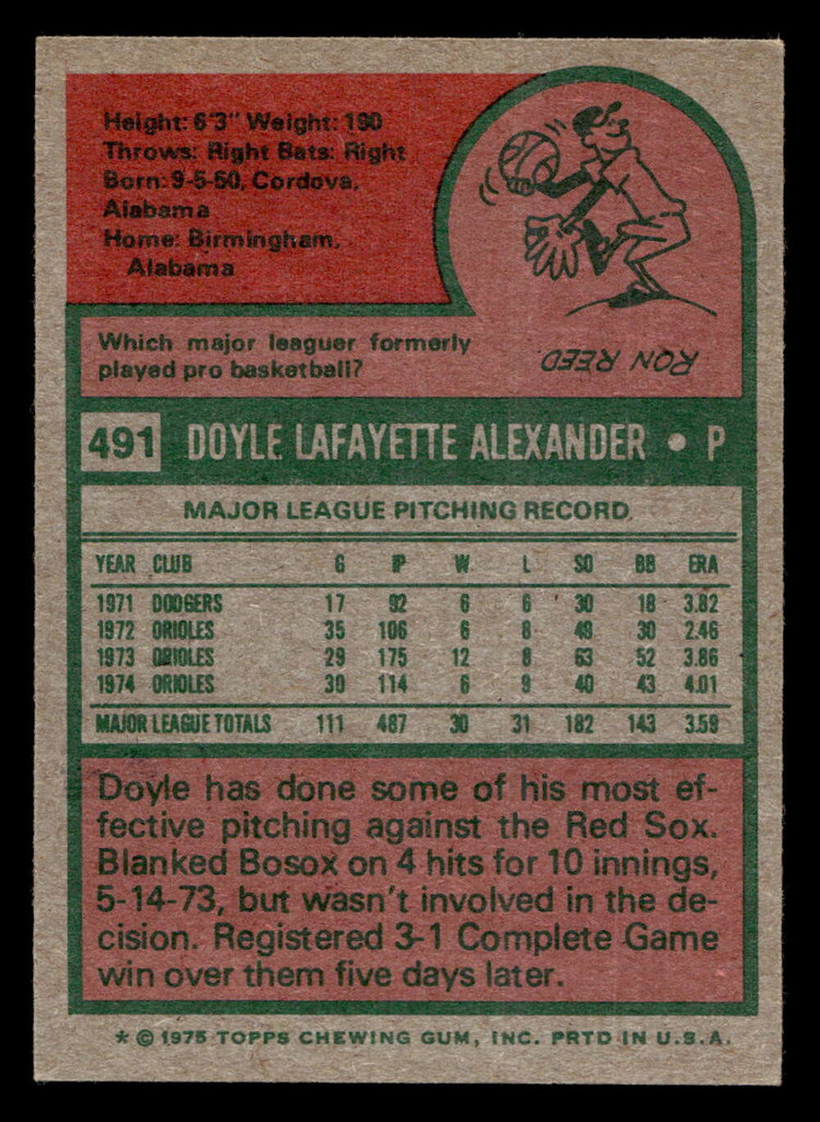 1975 Topps #491 Doyle Alexander Ex-Mint  ID: 398376