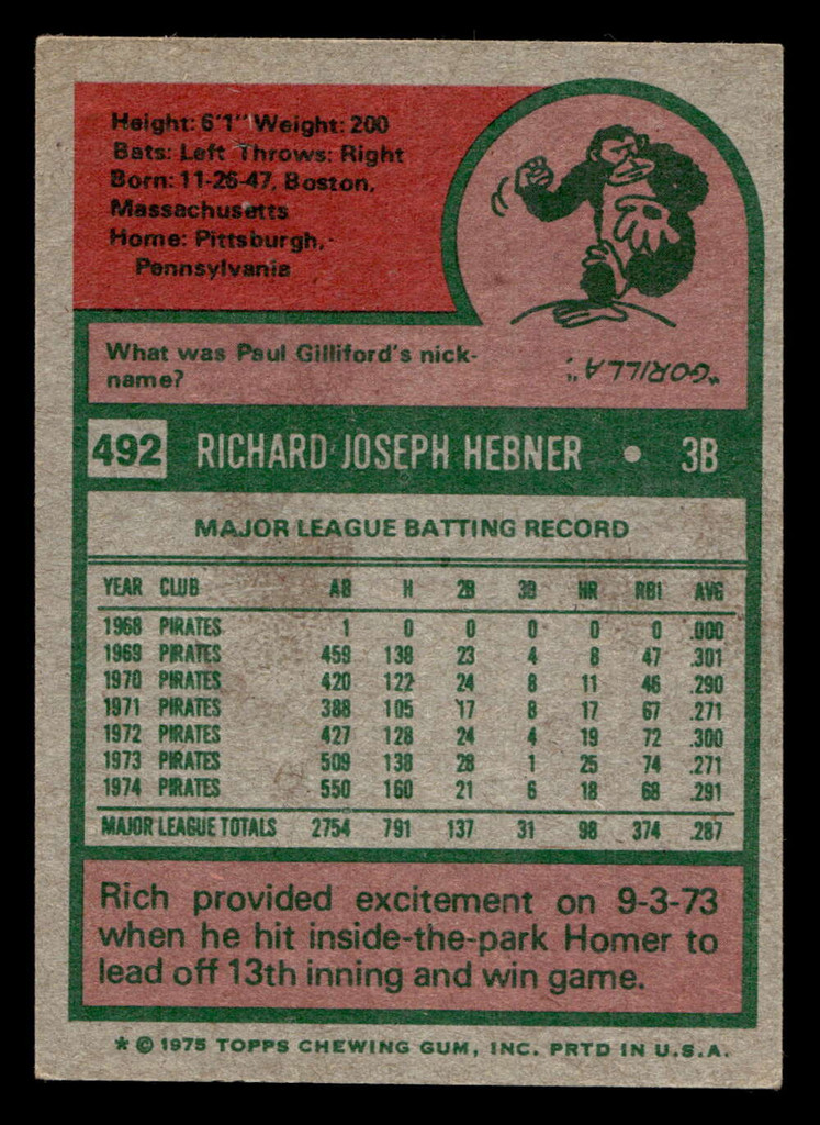 1975 Topps #492 Richie Hebner Excellent+  ID: 398377