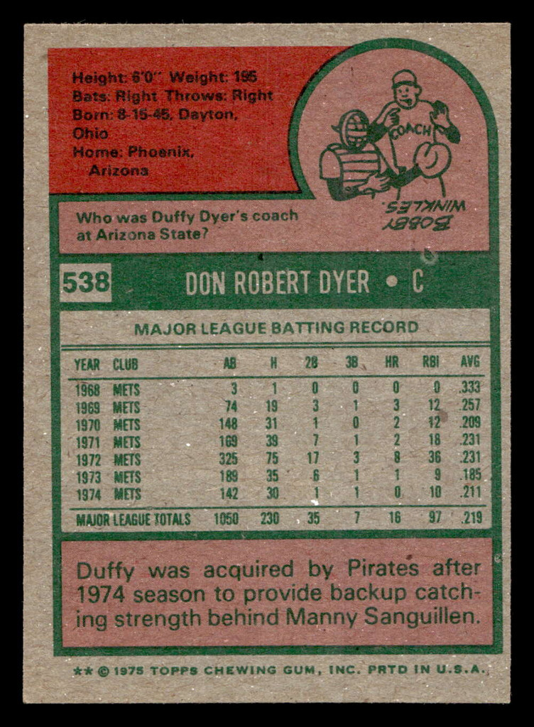 1975 Topps #538 Duffy Dyer Near Mint  ID: 398422