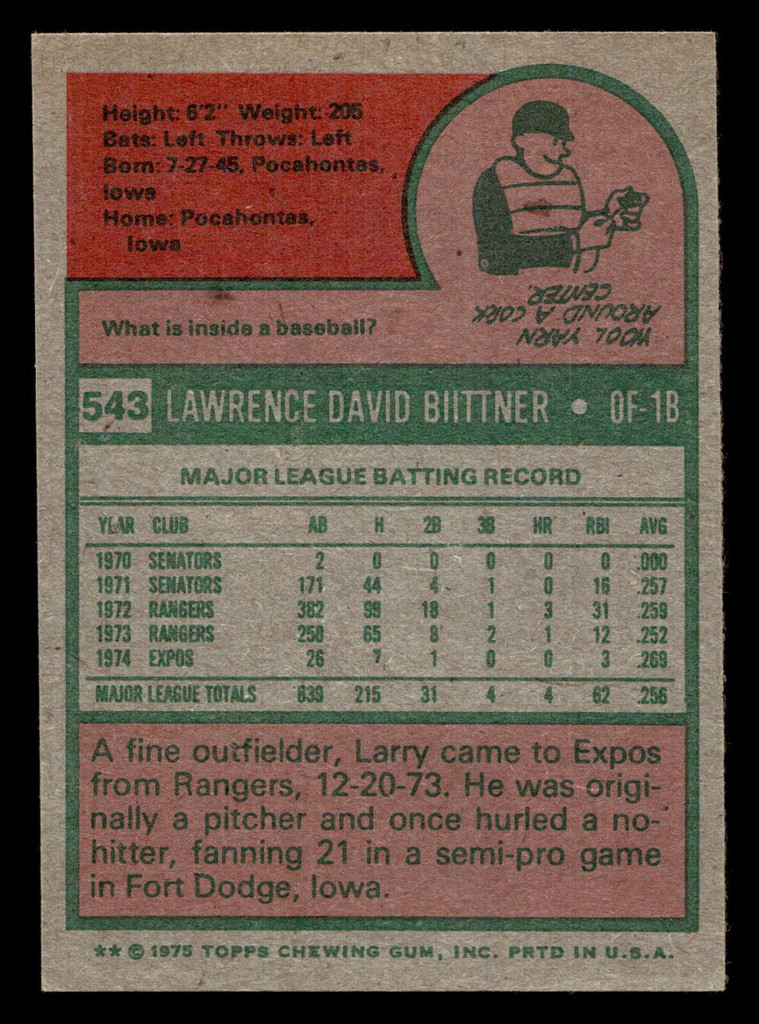 1975 Topps #543 Larry Biittner Ex-Mint  ID: 398427