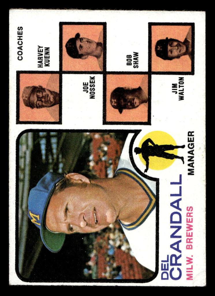1973 Topps #646 Del Crandall MG Coaches/Harvey Kuenn/Joe Nossek/Bob Shaw/Jim Walton Excellent+ 