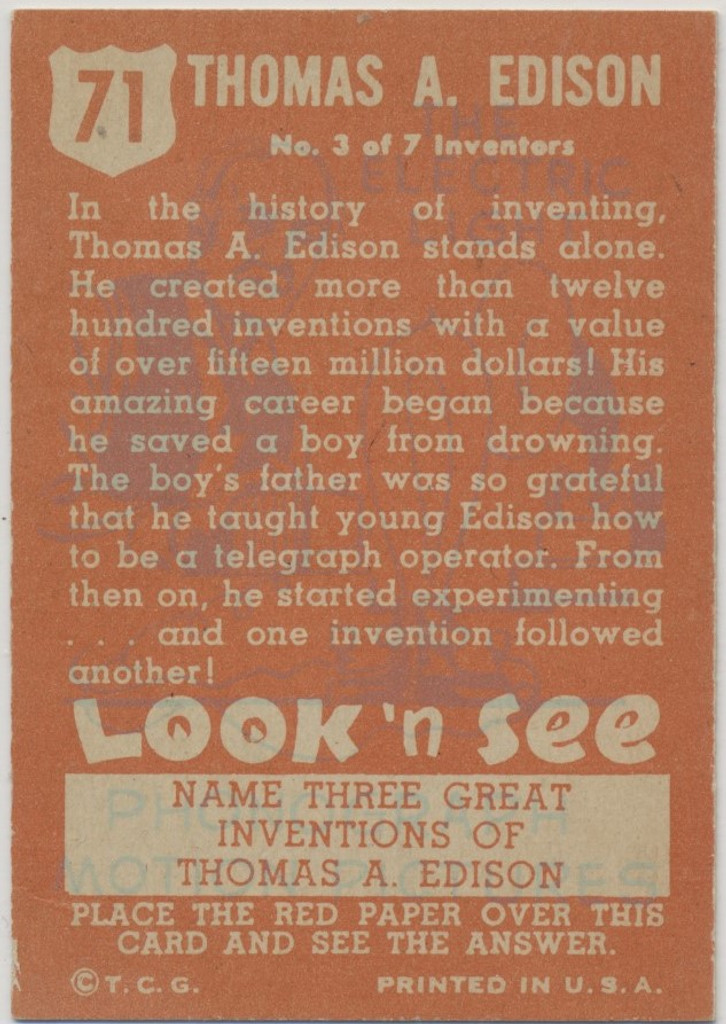 1952 Topps Look N See #71  Thomas Edison  Inventor  #*sku36060