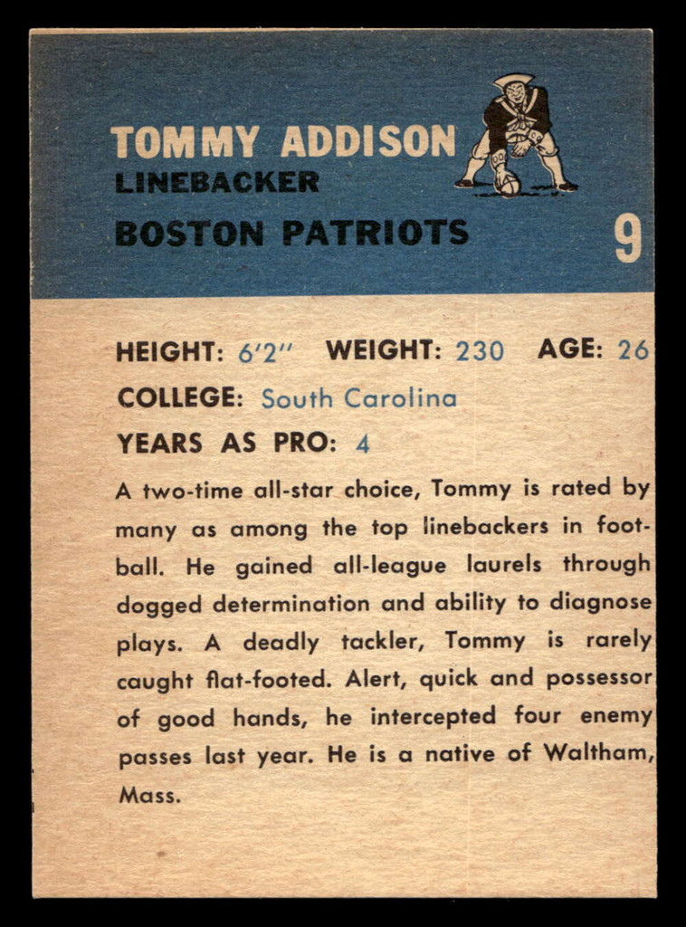 1962 Fleer #9 Tommy Addison Miscut RC Rookie Patriots