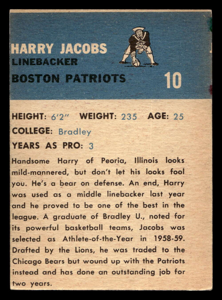 1962 Fleer #10 Harry Jacobs Miscut Patriots