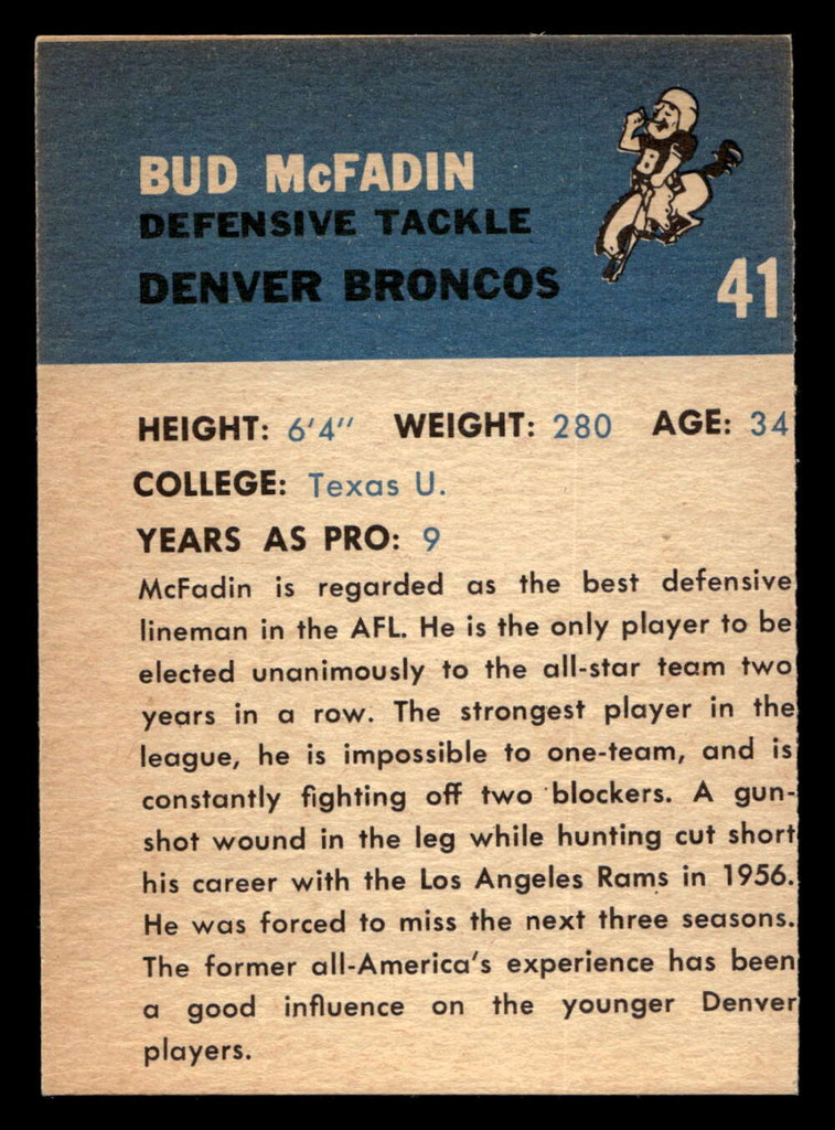 1962 Fleer #41 Bud McFadin Miscut Broncos