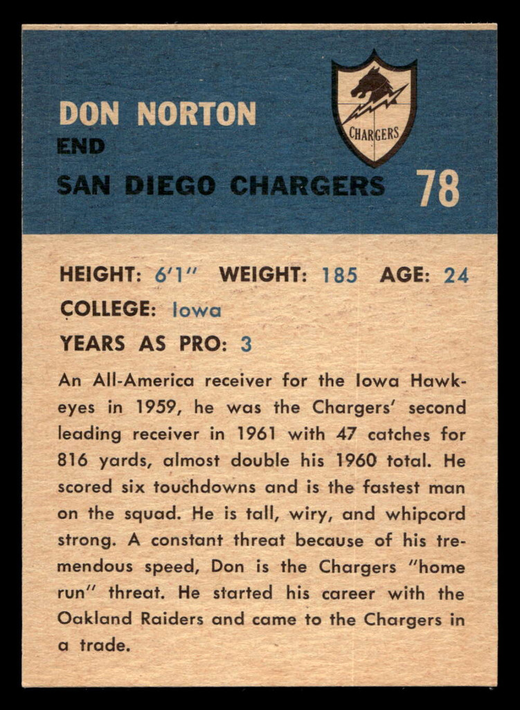 1962 Fleer #78 Don Norton Ex-Mint  ID: 400078