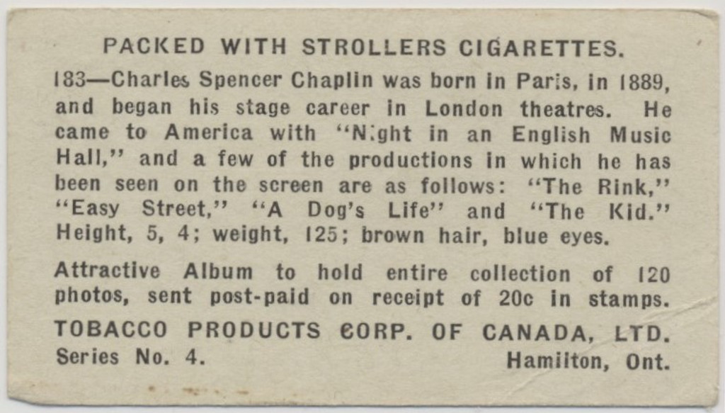 1922 C142-4 Sroller Cigarettes (Canada) #183 Charlie Chaplin #*sku36080