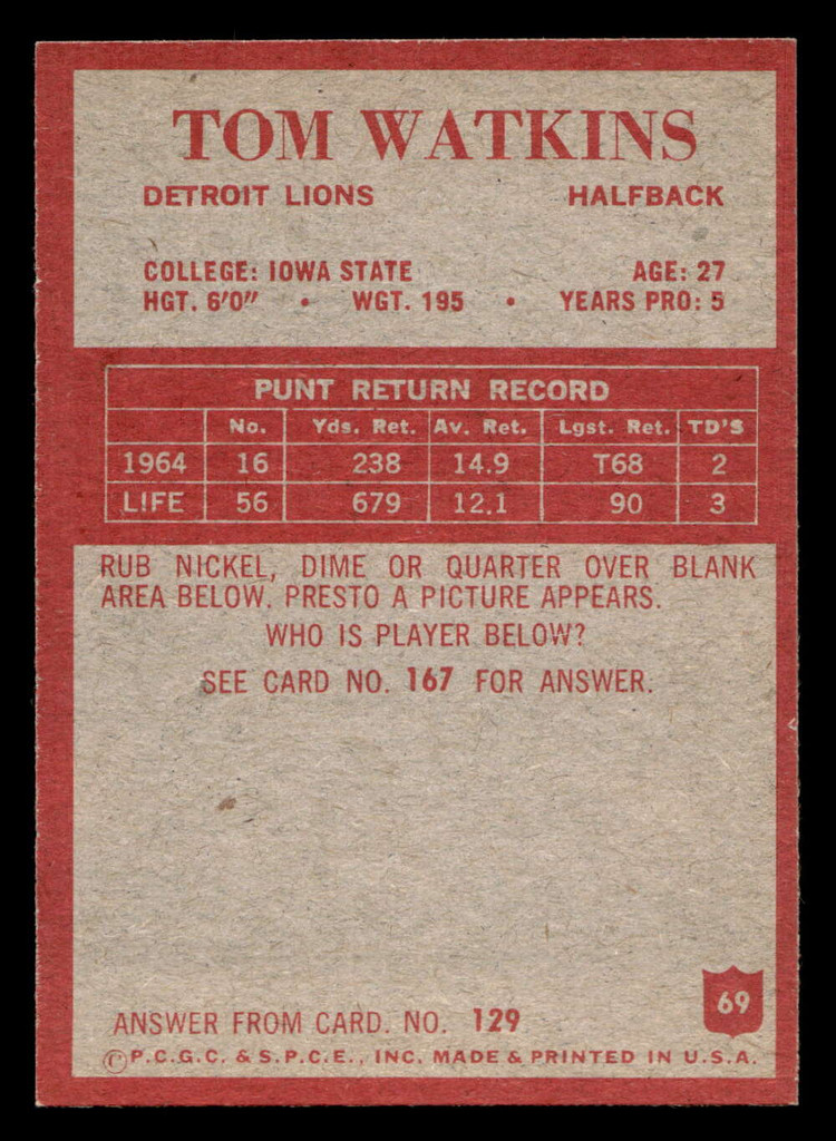 1965 Philadelphia #69 Tom Watkins Near Mint+  ID: 400919