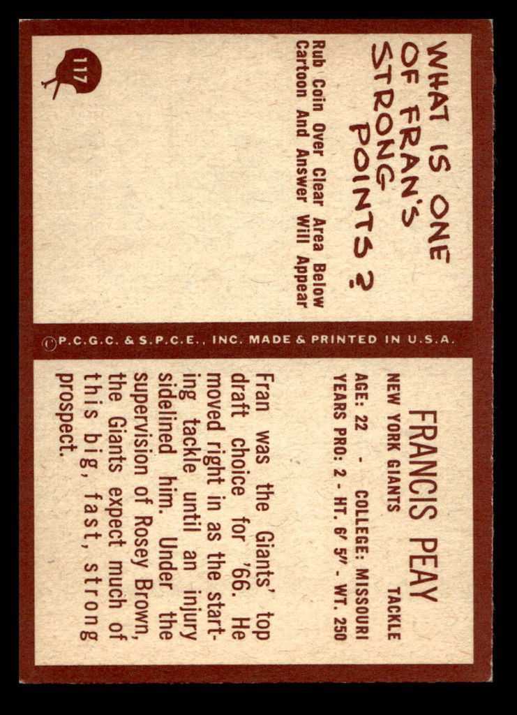 1967 Philadelphia #117 Francis Peay Excellent+ RC Rookie  ID: 401199