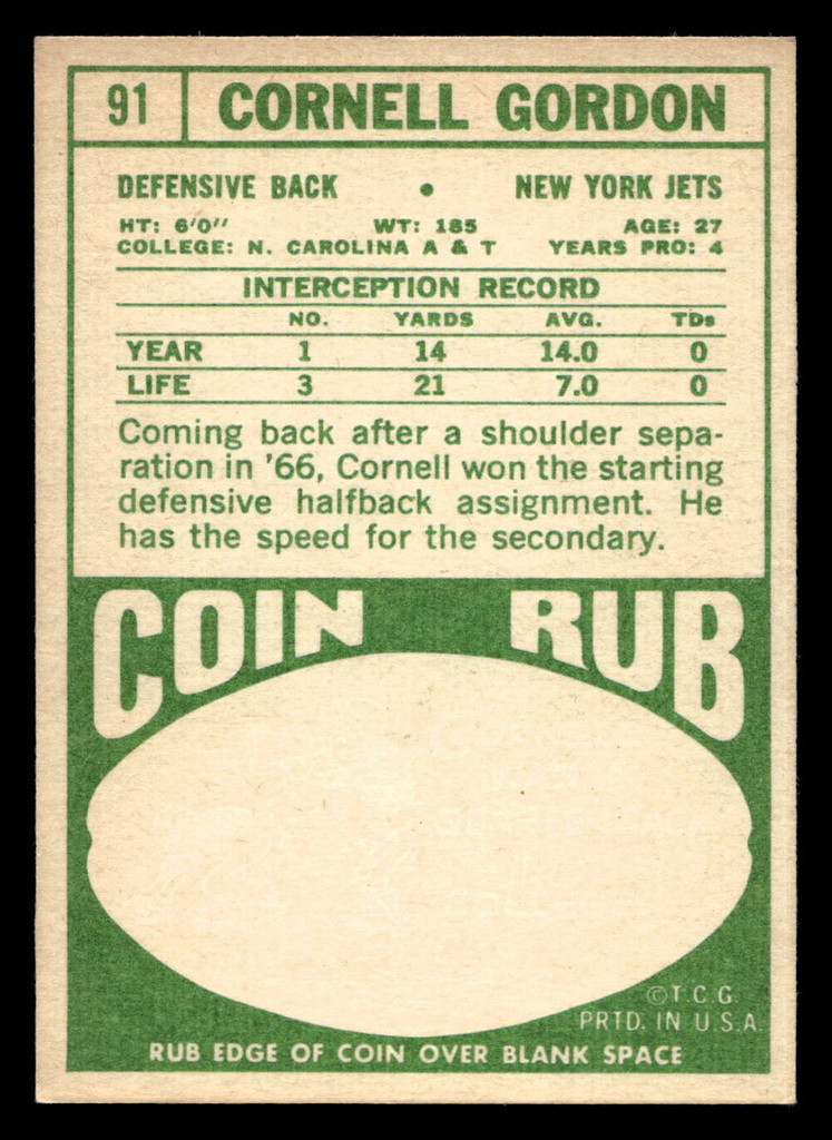 1968 Topps #91 Cornell Gordon Near Mint 