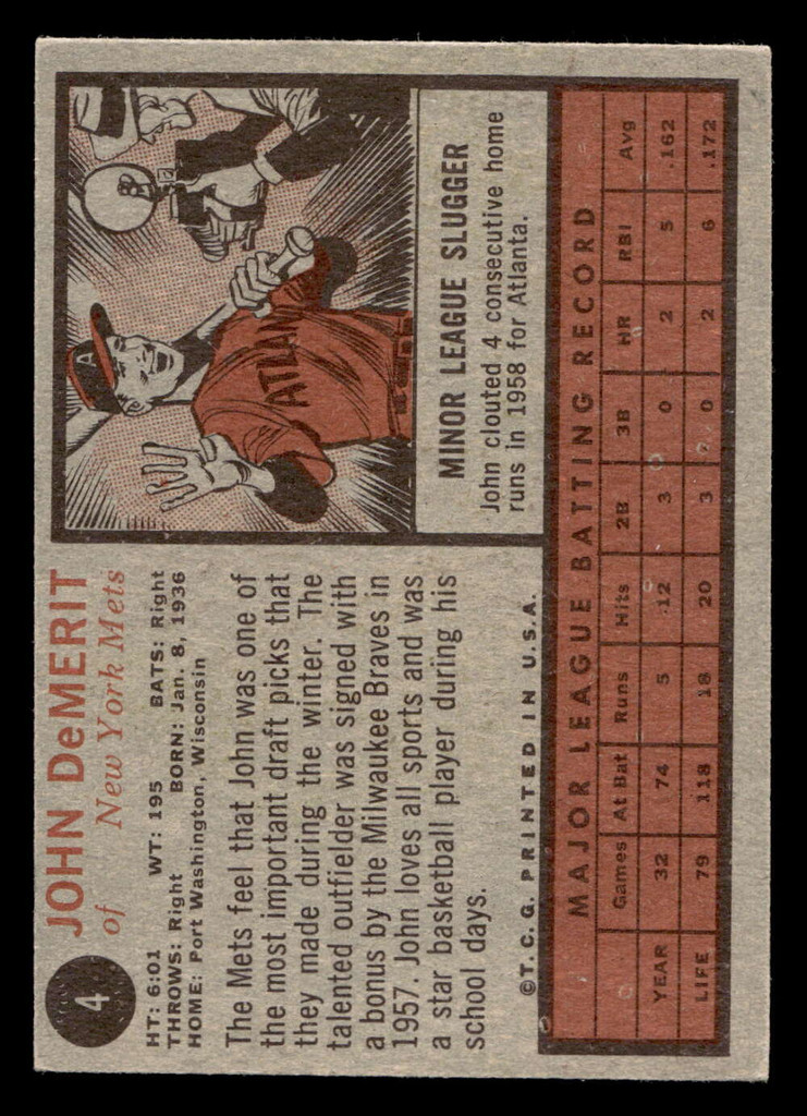 1962 Topps #4 John DeMerit Ex-Mint  ID: 401815