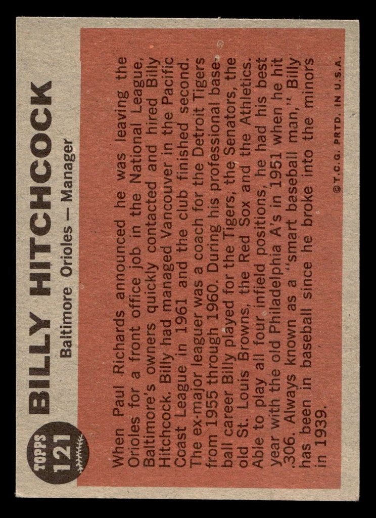 1962 Topps #121 Billy Hitchcock MG Excellent+  ID: 401922