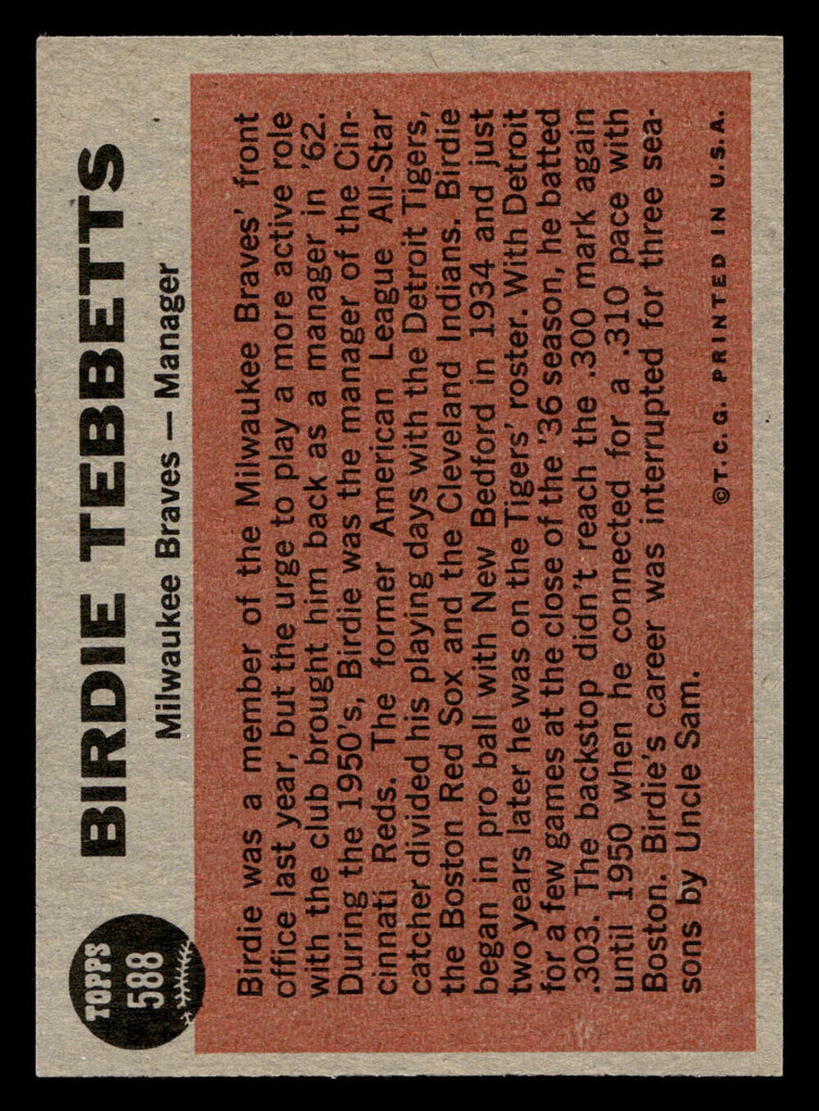 1962 Topps #588 Birdie Tebbetts MG Ex-Mint High # 