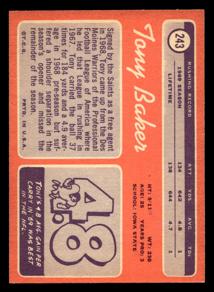 1970 Topps #243 Tony Baker Near Mint+ RC Rookie  ID: 402736