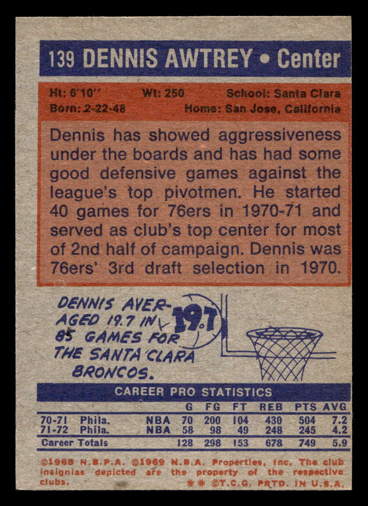 1972-73 Topps #139 Dennis Awtrey UER Miscut 76ers UER