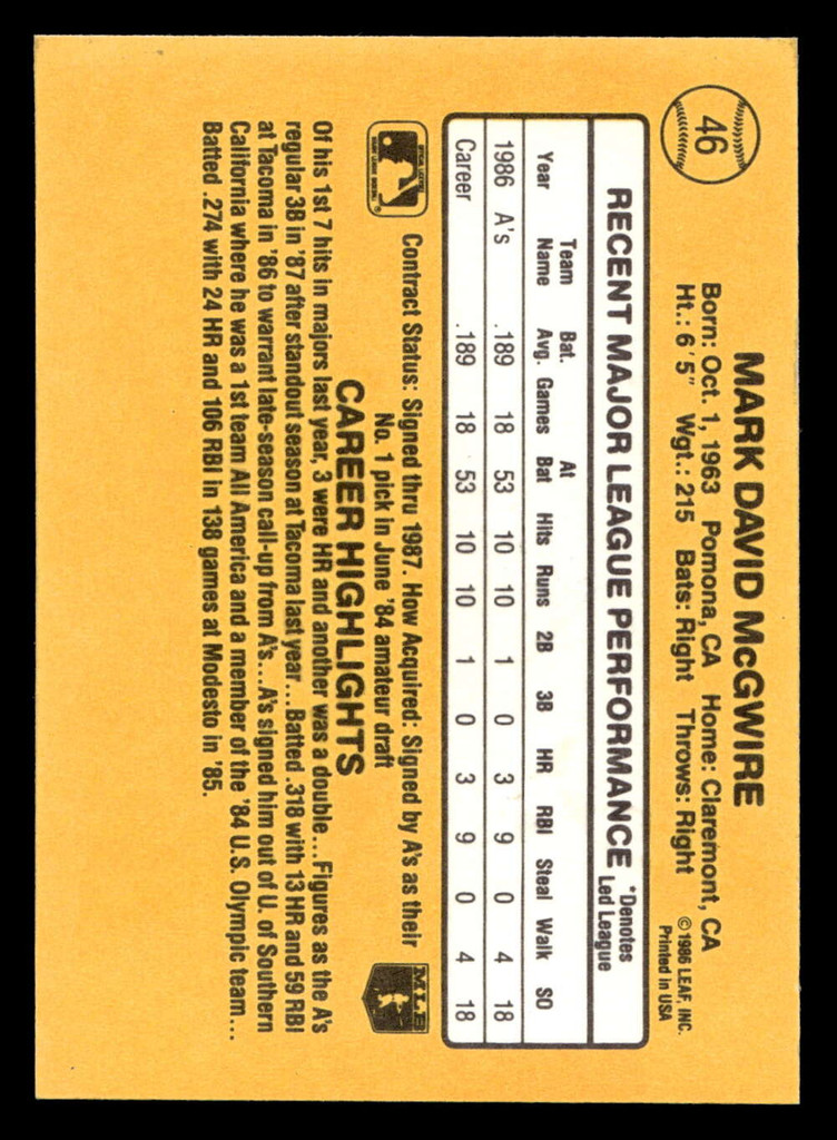 1987 Donruss #46 Mark McGwire Near Mint+  ID: 404624