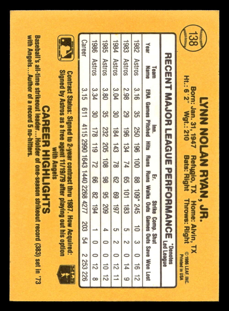 1987 Donruss #138 Nolan Ryan Ex-Mint  ID: 404630