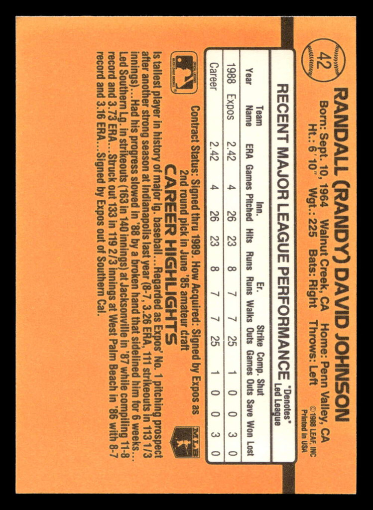 1989 Donruss #42 Randy Johnson/ Near Mint+ RC Rookie  ID: 404657